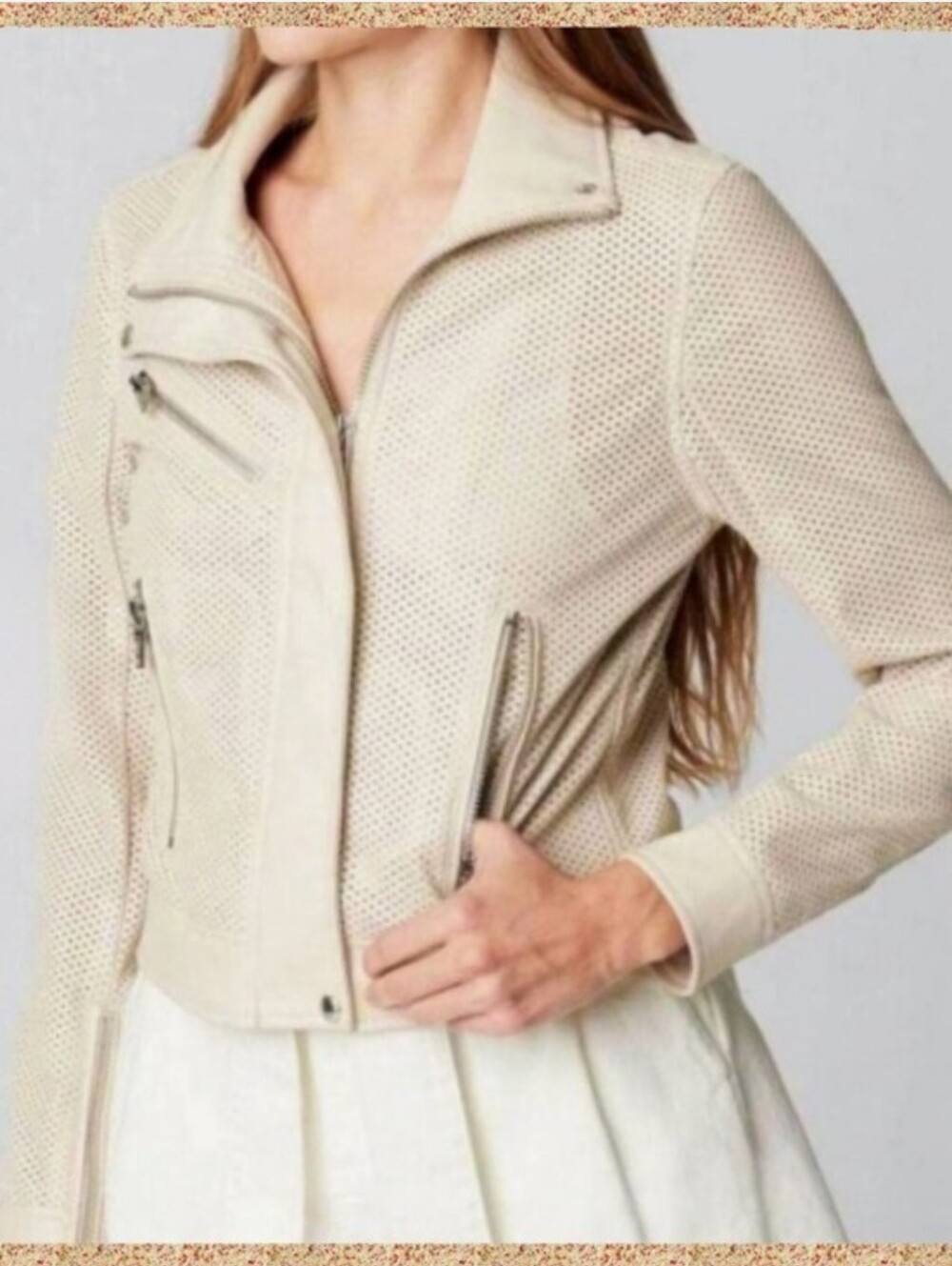 Blank NYC Cream Perforated Leather Moto Jacket